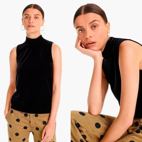J Crew Festive Black Sleeveless Mock Neck Tank Black Velvet/Velour - Picture 1 of 7
